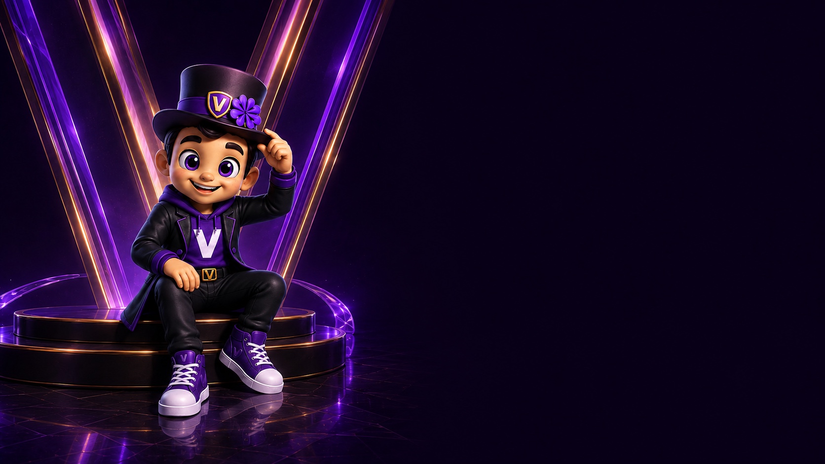 Lucky sentado à esquerda do palco, cumprimentando pela cartola diante de um V iluminado em violeta e dourado